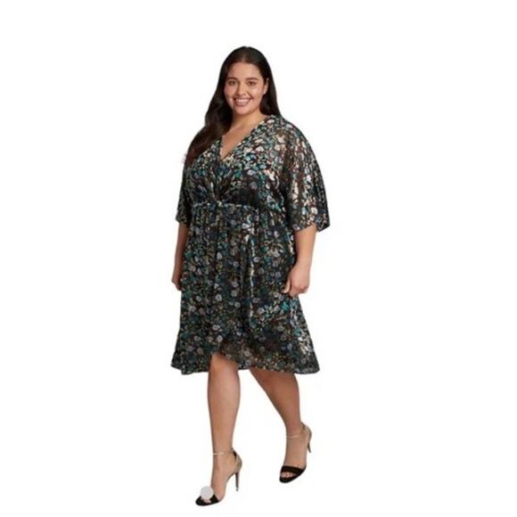 Modcloth Velvet Floral Dress XS Black Faux Wrap Burnout V Neck Knee Length New - Picture 1 of 16